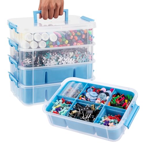 CraftGenes Art Supply Storage Organizer, 4-Tier 10 Qt Box, 2 Trays, Blue - color: Blue