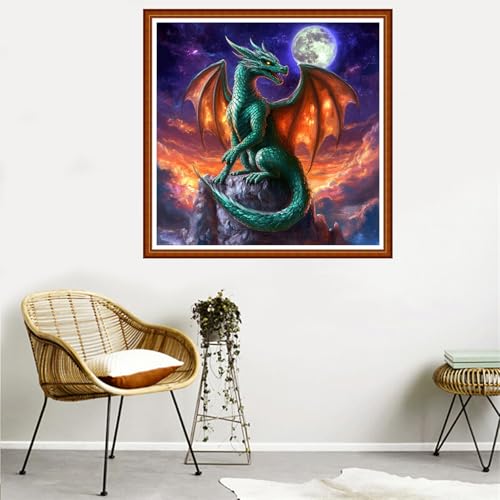 Redxing Counted Cross Stitch Kit for Beginners,Unprinted Needlepoint Kits for Beginners Cross Stitching Embroidery Kit 11CT Stitches kit-Moonnight Pterosaur 18x18 inch - color: SetColor16