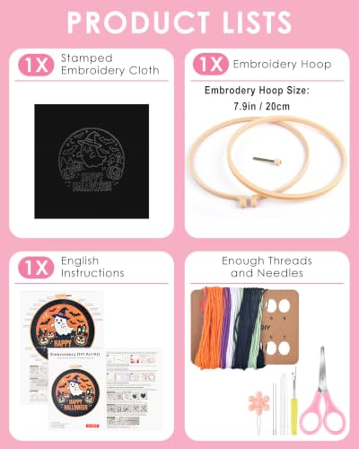 TINDTOP Halloween Embroidery Kit for Adult, Embroidery DIY Starter Kit, with Stamped Patterns, Hoop, Tools, Colorful Threads with Needles, Instructions (Halloween B) - color: Halloween B