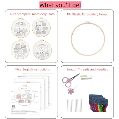 Mozzyyee 4 Sets Embroidery Starter Kit for Beginners Adults Include 4 Embroidery Clothes with Instructions Hoops Floss Thread Fabric Needles (Simple) - color: Simple