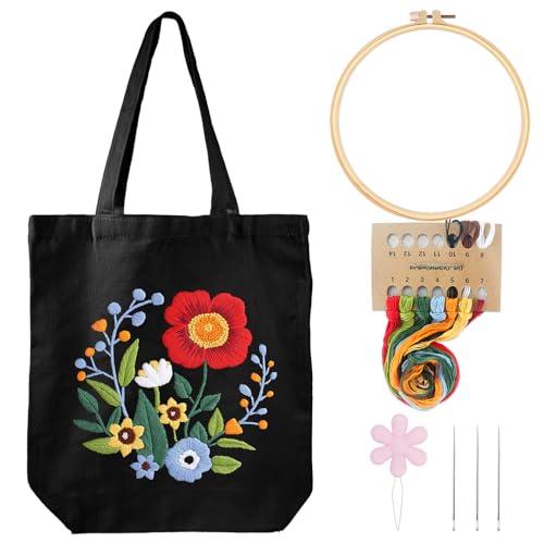 Louise Maelys Embroidery Kit Canvas Tote Bag with Floral Pattern DIY Crafts - color: flower 2