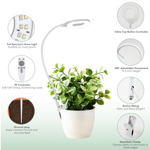 Full Spectrum Clip On LED Grow Lights for Indoor Plants, 5W, 1-Pack, White