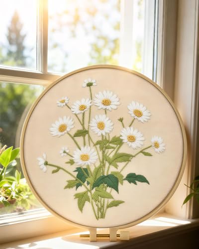 ERKOON Embroidery Kit for Beginners, Flower Cross Stitch Set Include Embroidery Cloth Hoops Threads for Craft Lover Hand Stitch with Embroidery Skill Techniques (Daisy) - color: Daisy