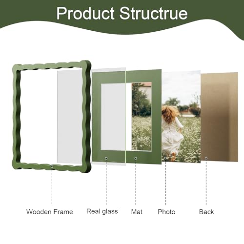 10x10 Picture Frame with Mat for 8x8, Wavy Edge Wooden Real Glass Photo Frame for Tabletop and Wall Hanging, Green, 1 Pack - color: Green, size: 10x10 in
