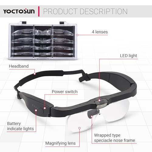 YOCTOSUN Magnifying Glasses with Light, Rechargeable Head Magnifier Glasses with 3 LED Lights and Detachable Lenses 1.5X, 2.5X, 3.5X, 5X, Magnifying Headset for Close Work Hobby Jewelry Crafts