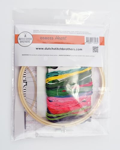 DUTCH STITCH BROTHERS Heart Embroidery Starter Kit with Pattern and Instructions. Stamped Embroidery Kits with Embroidery Clothes with Pattern. 6" Embroidery Hoop - color: DSB035 Stamped fabric