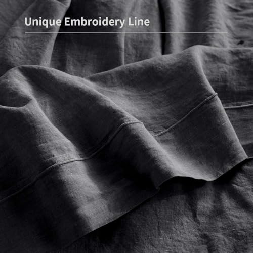 100% French Linen Pillowcases with Embroidery - Pack of 2 - Washed Solid Color Natural Flax Soft Breathable - Dark Grey, 20'' x 30'' - color: Dark Grey, size: 20''x30'' - Embroidery