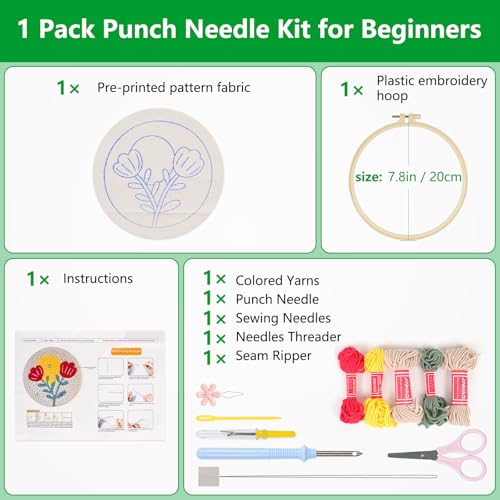 Enkor Punch Needle Kit Adults Beginner,Needle Punch Embroidery Kits Beginners Kids Include Instructions Video, Fabric,Hoop,Yarns,Threader-Flowers Love F1
