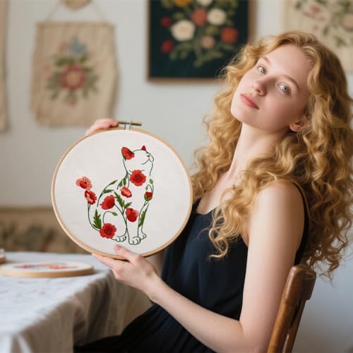 Crafmanoe Cat Embroidery Kits for Beginners Adults, Flowers Embroidery Starter Kits, Counted Cross Stitch Kits for Beginners Adults Hobbies Set for Women, Embroidery Hoops, Thread and Video Tutorial - color: H2026