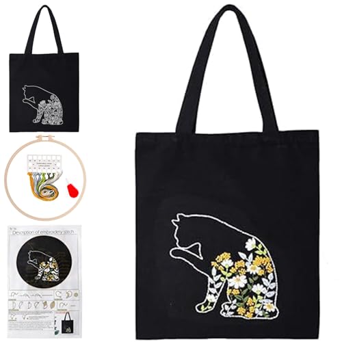 Smart-Feather Cat Embroidery Kit for Beginners Adults, Hand Embroidery Tote Bag Kit with Hoop and Patterns
