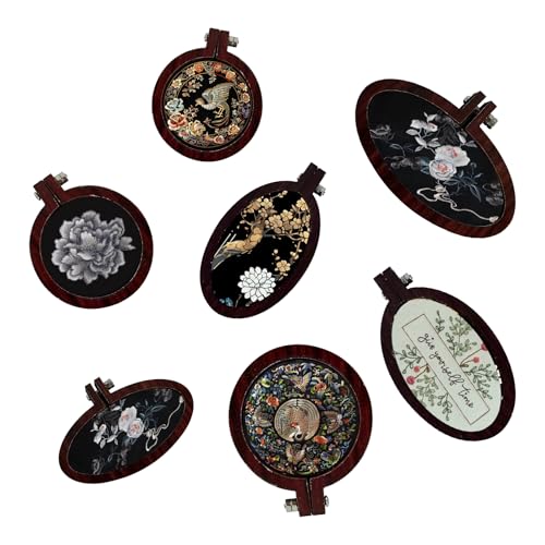 Wood Mini Embroidery Hoop Frame Sewing Ornament Frame Tiny Crossing Stitch Hoop Ring for DIY Embroidery Necklace Pendant Keychain (35Pcs Dark Brown) - size: 35Pcs Round
