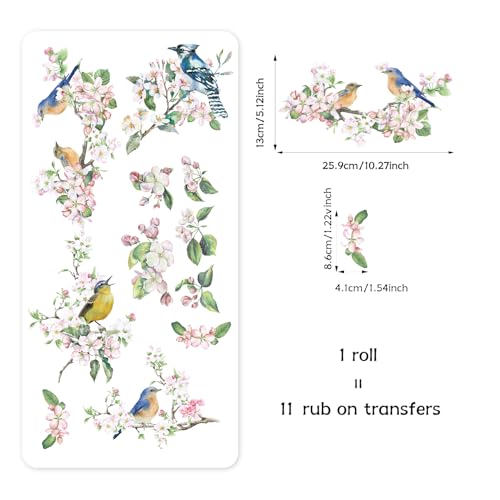 Floral Rub on Transfer for Furniture Vintage Large Flower UV DTF Transfer Sticker for Wood Glass Home Decor, Apple Blossom and Bird - style: Apple Blossom and Bird