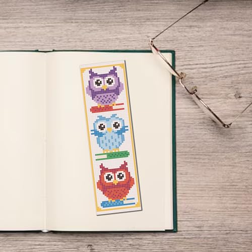 FREEBLOSS 6 Set Cross Stitch Bookmark Kit 11 CT Stamped Cross Stitch Kit DIY Embroidery Bookmark Kits for Adult Beginners with Instructions, Owl Books Pattern, 6 x 20 cm/8" x 2.4" - style: Owl