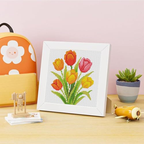 VIGEGU Tulip Stamped Cross Stitch Kits for Adult Beginner with Wooden Frame - color: Tulip Cross Stitch Kits for Beginners
