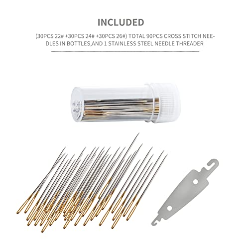 90pcs Large Eye Sewing Needles in Transparent Box with 3 Stainless Steel Needle Threader for Cross Stich and More (22# 24# 26#)
