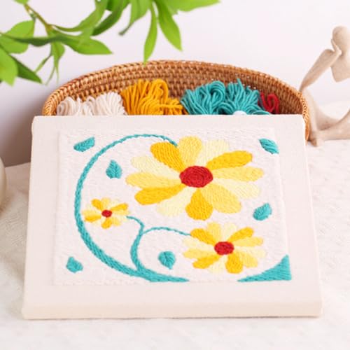 Allazone Punch Needle Embroidery Kit - Square Frame with Flower Pattern, Hoop, Yarns, Beige and Yellow - color: Beige and Yellow