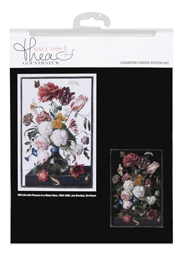 Thea Gouverneur - Counted Cross Stitch Kit - Still Life with Flowers in a Glass Vase - Aida Black - 18 Count - for Adults - DMC Embroidery Threads and Other Cross Stitch Supplies Included - 785.05 - color: 785.05 Aida Black