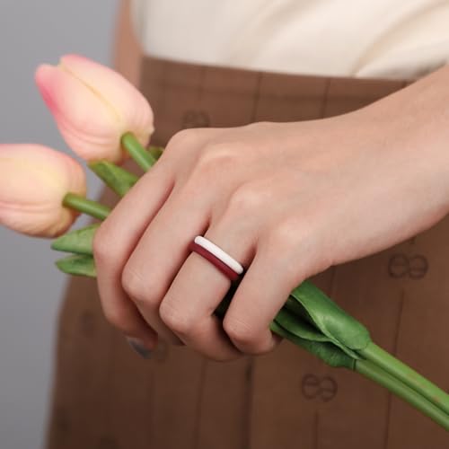 Egnaro Women's Silicone Wedding Ring 2.5mm Wide 1.8mm Thick Rubber Band Set - color: 2-Black, Maroon, Cream Beige, Light Rose Gold, White, Light Green, Light Pink, Dark Blue, Green, Cloudy Green