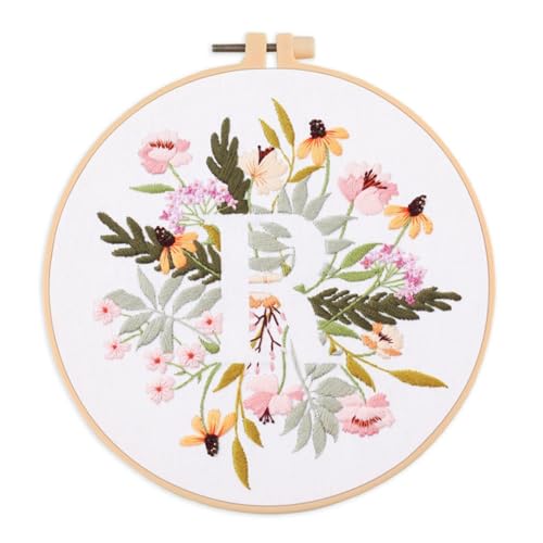 IUHUI Embroidery Kit for Beginners Adults - 26 Floral Letters Easy Patterns, DIY Hand Stitching Embroidery Set with Hoop (Flower and Grass Letter R) - color: Flower and Grass Letter R