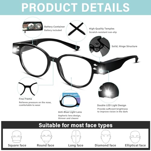 Bright LED Readers with Light Magnifying Glasses Blue Light Blocking Eyeglasses for Women Men Nighttime LED Reading Glasses+200 - size: +200