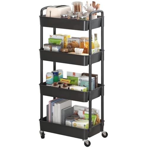 Sywhitta 4-Tier Plastic Rolling Utility Cart with Wheels for Storage, Black - color: Black, size: 4-tier