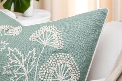 Rudransha Hand Embroidered Wildflower Throw Pillow Cover - 20x20 Inch Light Teal Cotton - Blooming - color: Blooming-light Teal, size: 20" x 20" (Pack of 1)