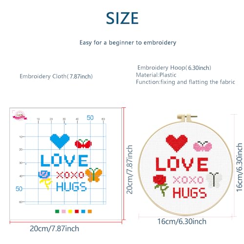 Zhenqing Love & Hugs Cross Stitch Kit for Beginners, 11CT Printed 20x20cm with 16cm Hoop, Heart Rose & Butterfly Embroidery Set(70839) - color: Love & Hugs
