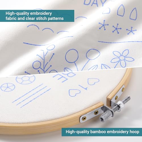 VIVIDOX 4 Sets Embroidery Kit for Beginners Adults, 25 Stitches Practice Kits Cross Stitch for Starter, DIY Hand Craft with Stamped Pattern, Bamboo Hoop, Threads, Scissors, Tools, Instruction - color: 25 Stitches Practice Kit (with 1 Hoop)