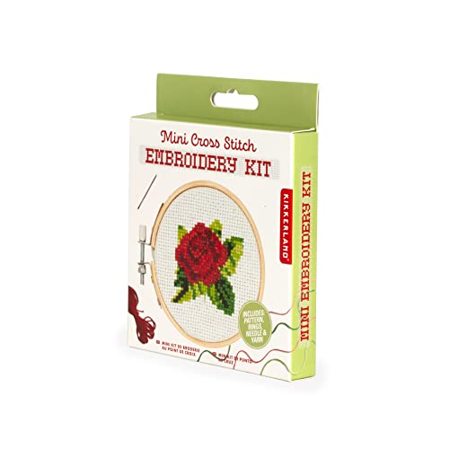 Kikkerland DIY Mini Cross Stitch Rose Embroidery Craft Starter Kit Set, with Pattern Instructions, 3" Bamboo Hoop, Stress Relief, Adult Beginner Friendly - color: Rose