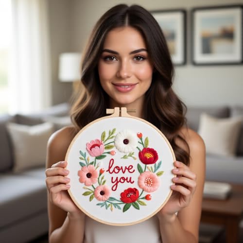 JJFox Embroidery Kit for Beginners and Adults, DIY Hand Embroidery Starter Kit with Cute Pattern, Cross Stitch Needlepoint Set with Hoop, Threads and Instructions (Love You) - color: Love you