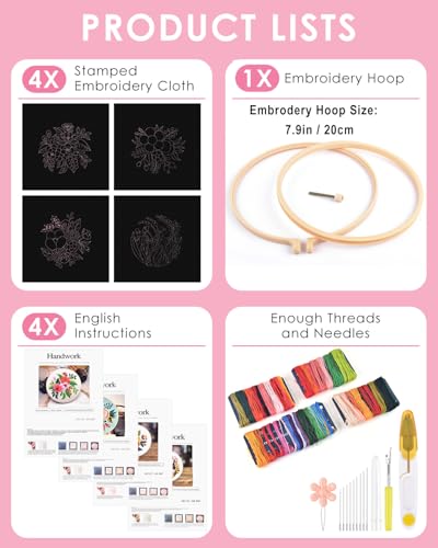 TINDTOP 4 Pack Embroidery Kit for Adult, Embroidery DIY Starter Kit, with Stamped Patterns, Hoop, Tools, Colorful Threads with Needles, Instructions - color: Flowers B