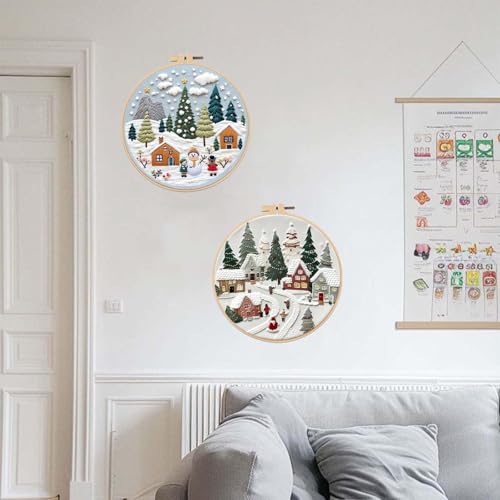 Offizon Christmas Embroidery Kit for Beginners, 2 PCS Starter Cross Stitches, Winter Night Santa Handicrafts, Merry Chistmas - color: Christmas Snow