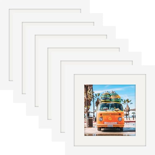 6x6 White Picture Frames Square Classic Natural Wood 6 Pack for Wall Mounting and Tabletop Display - color: White, size: 6x6