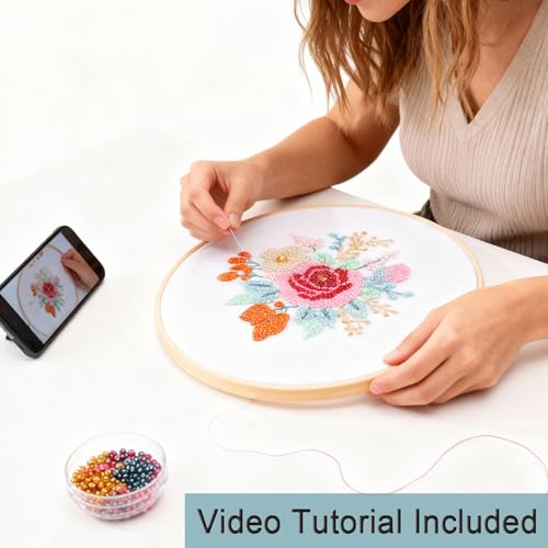 Harimau Bead Embroidery Kit for Adults, with Red and Pink Flowers, DIY Kit Includes Embroidery Beads, Thread, Stitch Book & Tambour Tools, Perfect Set for Starters - color: Orange
