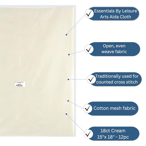 Essentials By Leisure Arts Aida Cloth, 18 Count, Cream, 12 pc, Bulk, Cross Stitch Fabric, Embroidery Fabric, Cross Stitch Supplies for Crafting, Stitching, and Sewing Projects 15X18 - color: Cream