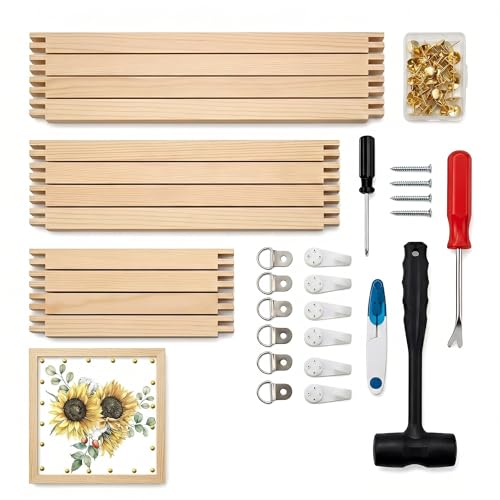 12PCS Stretcher Bars for Needlework, 3 Sizes (8", 12", 16") Wooden Needlepoint Stretcher Bars with Rubber Mallet, Screwdriver & Hanging Kit, Complete Embroidery Canvas Frame Set for Wall Decor (12)