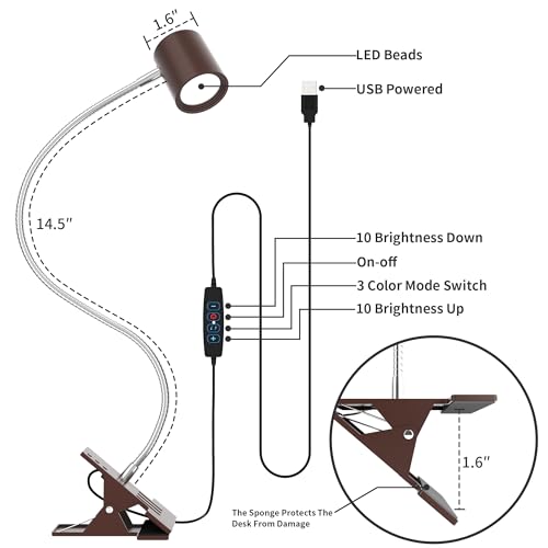 Dott Arts Desk Lamp,USB Clip On Light with 3 Color Modes,LED Reading Lamp - color: Brown