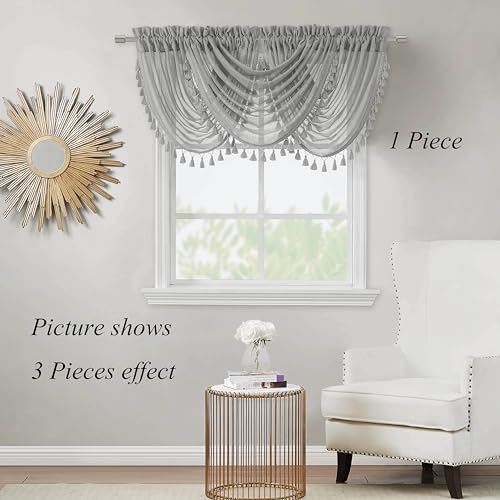 Silver Gray Solid Waterfall Valance with Tassel Accessories, 56"Wx38"Lx1 - color: Silver Gray, size: 56"W x 38"L (Pack of 1)