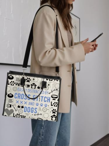 GJTIM Cross Stitching & Dogs Lover Gift Cross Stitching Project Bag Easily Distracted By Cross & Dogs Canvas Tote Bag