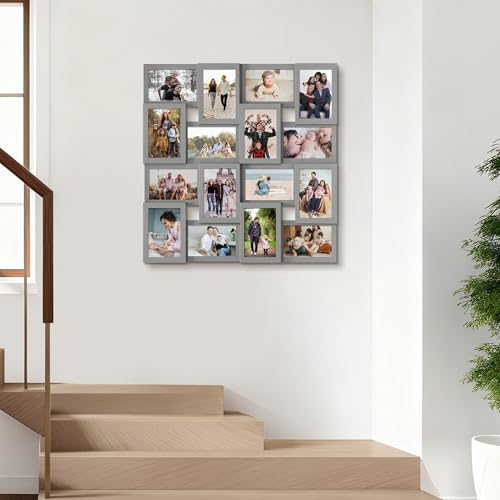 J.M.Deco Collage Picture Frames for Wall 16 Opening, Large Photo Frame Collage Wall Hanging for 4x6 Photo, Reunion Friends Family Memory, Christmas Gift - Grey - color: Grey, size: 16 Opening