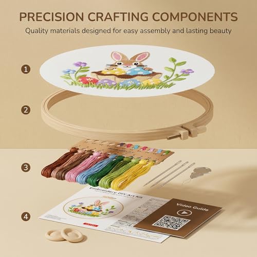 WaFtesh Embroidery Kits for Beginners Adult, DIY Hand Embroidery Cross Stitch Starter Set with Pattern, 3D Rabbit Needlepoint & Cross Stitch 7.9 Inch Hoop Threads, Needles, Instruction - color: Bunny-1