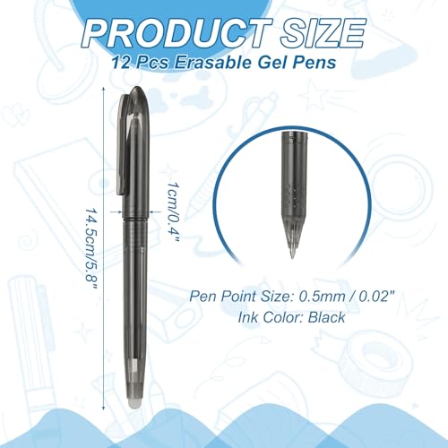 PATIKIL 12Pcs Erasable Gel Pens, 0.5mm Fine Point Heat Erasable Marking Pen with Cap Smooth Writing Fabric Markers for Sewing Drawing Writing Planner, Black Ink - color: Black