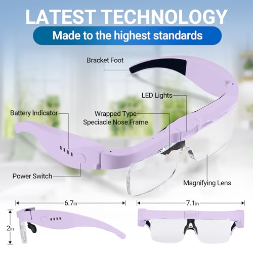 YOCTOSUN Headset Magnifier Glass with 3 LED Lights, Storage Case, Head Strap and 5 Detachable Lenses 0.75X,1.25X,2.0X,3.0X 4.0X, Magnifying Glasses for Close Work, Jewelry, Hobby, Crafts - color: Purple With Storage Case