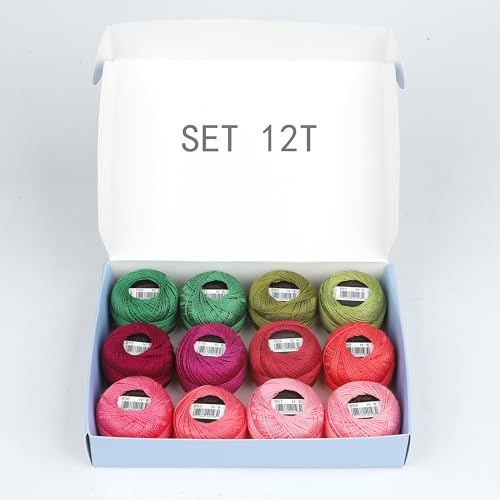 Size 8 Double Mercerized Egyptian Long Staple Cotton Pearl Thread 12 Gradient Colors per Box 5 Grams Ball Rainbow Color Embroidery Thread for Crochet Cross Stitch Hand Embroidery (12T) - color: 12T