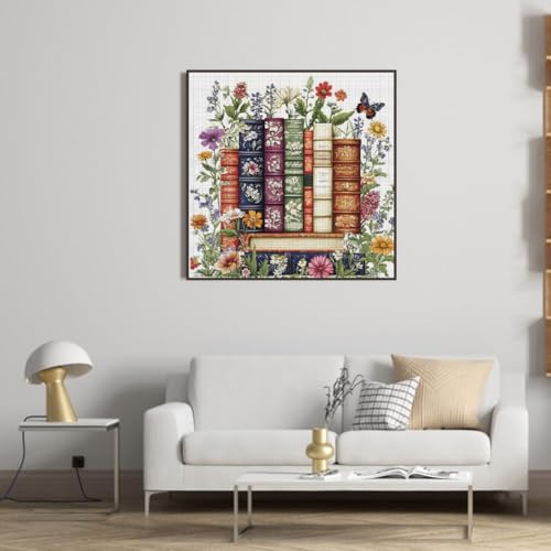 KYOQFVN Flower Stamped Cross Stitch Kits - Book Counted Cross Stitch Kits for Beginners, Needlepoint Cross-Stitch Patterns Dimensions for Home Decor 14×14 Inch - color: SZXBOOK-US