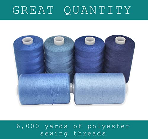 BlesSew Sewing Thread in Blue Color Tones – 6 Spools of Polyester Thread for Sewing Machine for Beginners, Hand Stitching & Quilting - 1000 yds per Spool - color: Blue