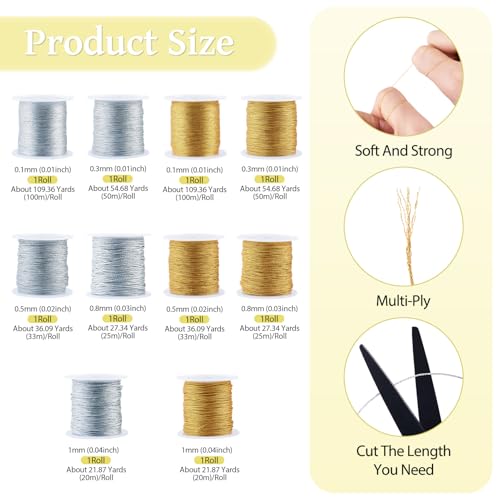 Craftdady 10 Rolls Gold Silver Color Metallic Threads 0.1mm 0.3mm 0.5mm 0.8mm 1mm Embroidery Sewing Cords Mixed Color 5 Sizes for Craft Making Embroidery and Decorative Sewing - color: Silver&Gold