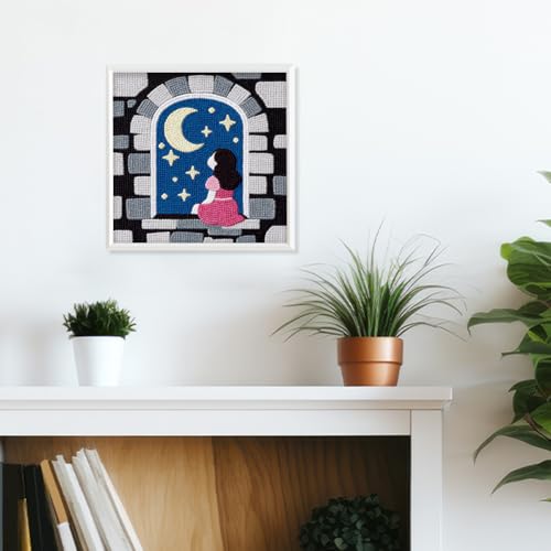 DOODLREAM Night Princess Punch Needle Kit for Beginner 9.4" x 9.4" - color: Moon Stars Night