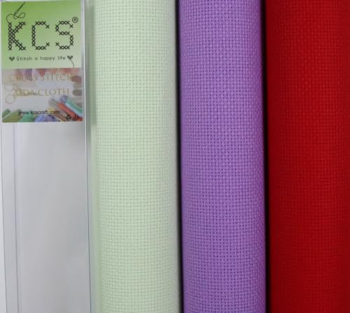 KCS 3 pc of 15" x 18"(38cmx45cm) 16 Count Cross Stitch Cotton Aida Cloth Needlework Rolled Fabric Box,16CT,Light Green+Lavender+Red - color: Light Green+lavender+red, size: 16CT