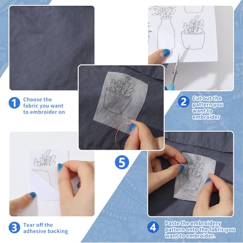 ORIGACH 4 Sheets 105 Pcs Water Soluble Embroidery Patterns Stabilizers - Pre-Printed Floral, Flowering Shrubs & Leaves Designs - Stick & Stitch Embroidery Paper for Hand Sewing Lovers - color: Floral Flowering Shrubs & Leaves